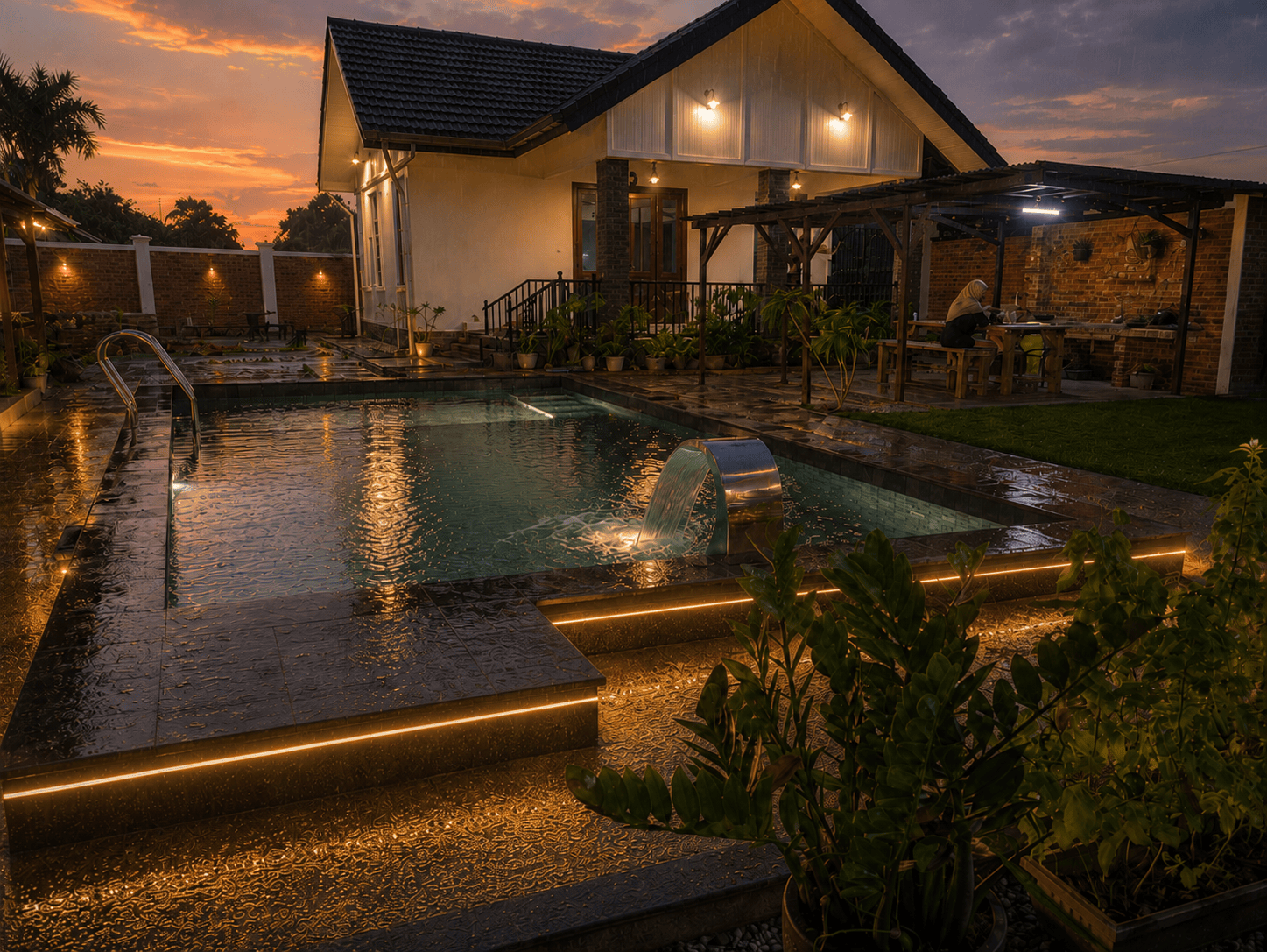 Sunset view of Ellamin Courtyard private pool