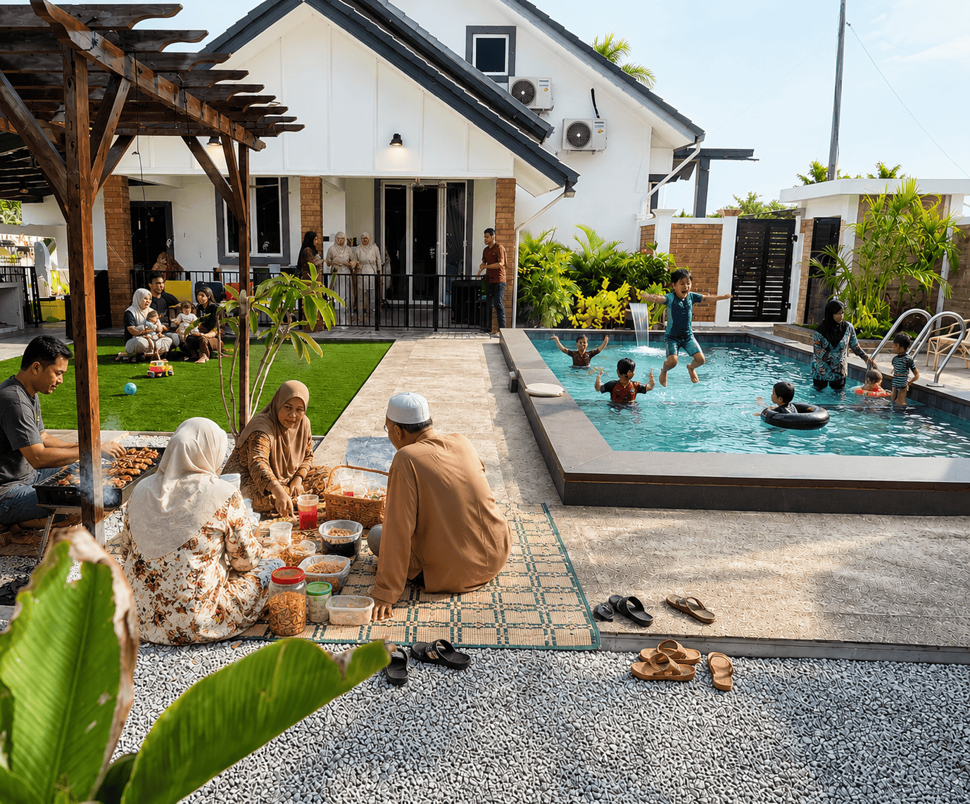 Families gathering poolside for a family day